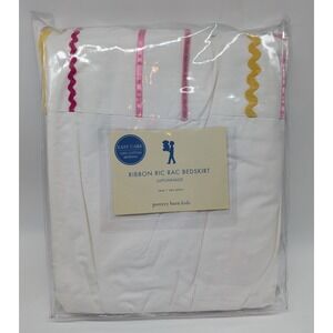 Pottery Barn Kids Twin Bed Skirt Ribbon Ric Rac Cotton White Pink NEW‎